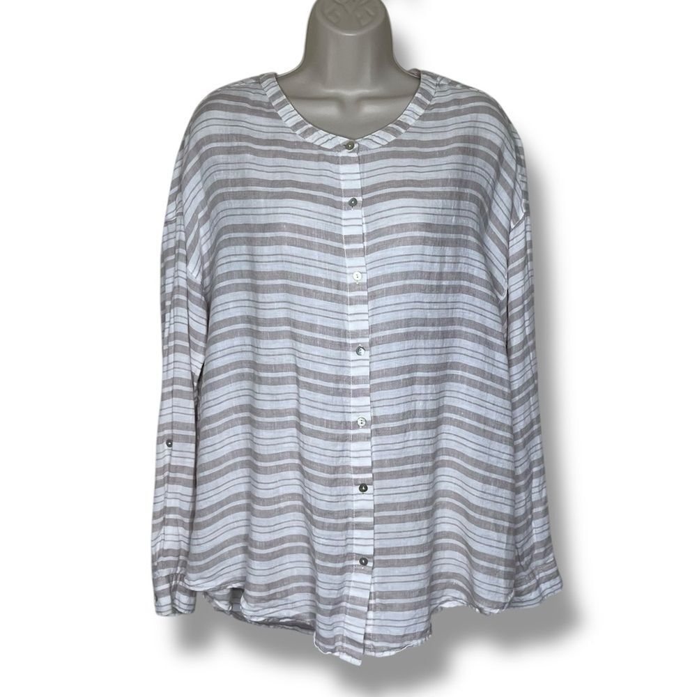 St Tropez West Linen Tan Stripe Button Front Long Tab Sleeve Shirt Women Large
